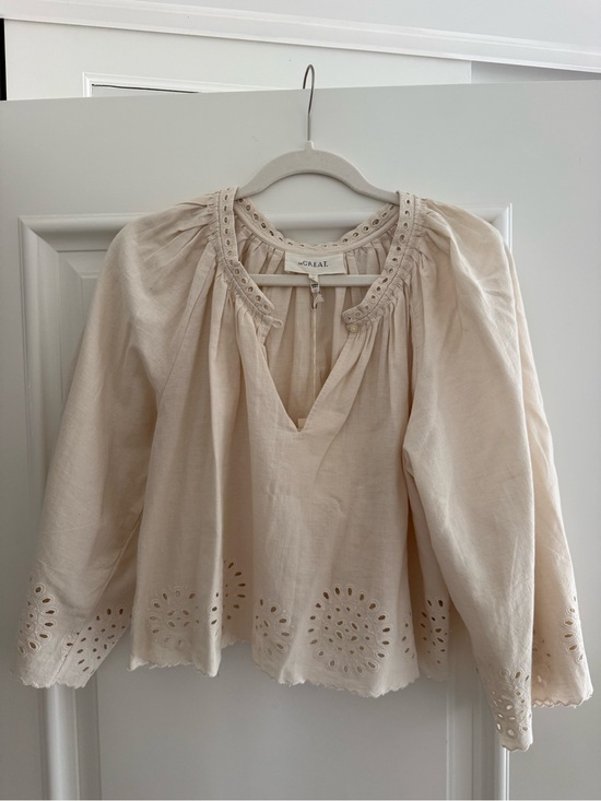 THE GREAT. Tops - THE GREAT. Cream Eyelet Peasant Blouse with Scoop Neck